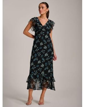 Jolie Moi Ruffle V-Neckline Chiffon Midaxi Dress - Black