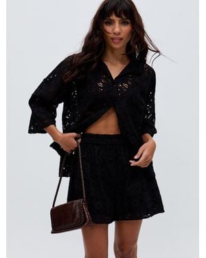Raffya Shelli Cut Out Embrodiered Co-Ord 100% Cotton Shorts - Black
