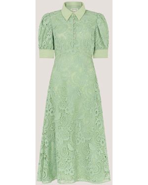 Monsoon Bridget Collared Puff Short Sleeve Lace Midi Dress - Green