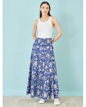 Yumi' Floral Cotton Tiered Maxi Skirt - Blue