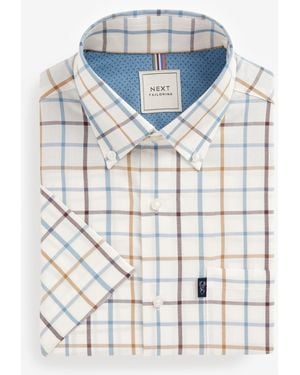 Next Regular Fit Easy Iron Button Down Short Sleeve Oxford Shirt - Blue