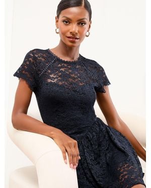 Lipsy Lace Drop Waist Short Sleeve Skater Mini Dress - Blue