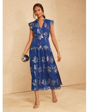 Love & Roses Metallic Dropped Waist Midi Dress - Blue