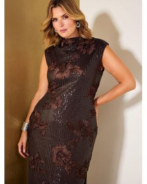 Friends Like These Chocolate Curve Sequin Floral Column Midi Dress - Brown