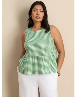 Live Unlimited Gingham Cotton Peplum Top - Green
