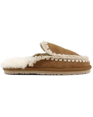 Mou Suede Full Eskimo Sheepskin Lined Stitch Mule Slippers - Brown