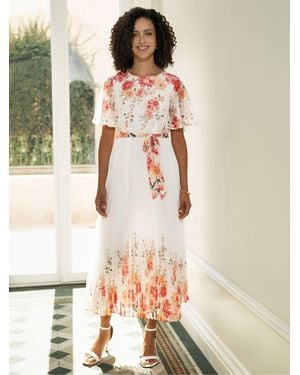 Yumi' Mirror Floral Design Pleated Midi Dress - Natural