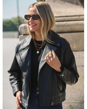 Sosandar Leather Relaxed Biker Jacket - Black