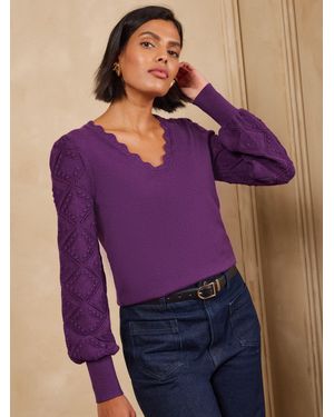 Love & Roses Stitch Sleeve Detail Scalloped V-Neck Knitted Sweater - Purple