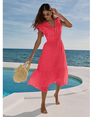 Lipsy Broderie Flutter Sleeve Midi Dress - Red