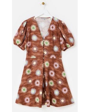 Oliver Bonas Sun Print Linen Blend V-Neck Mini Dress - White