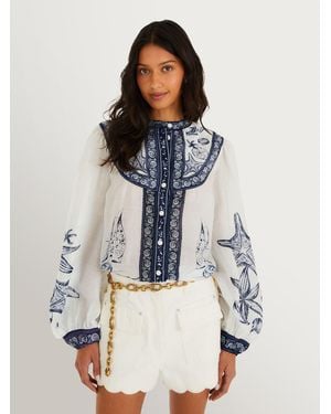 FARM Rio Coast Scarf Off- Long Sleeve Blouse - Blue
