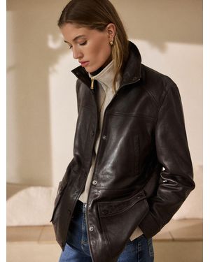 Next Chocolate N. Premium Leather Waisted Funnel Neck Jacket - Black