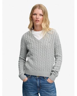 Superdry Washed V-Neck Cable Sweater - Gray