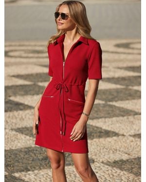 Sosandar Zip Front Tie Waist Dress - Red