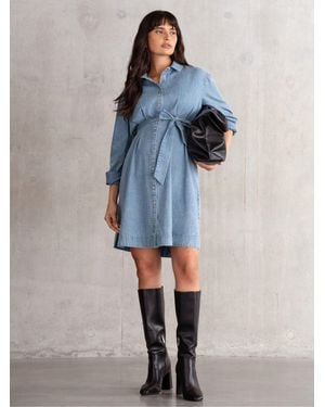 Seraphine Chambray Denim Maternity & Nursing Shirt Dress - Blue