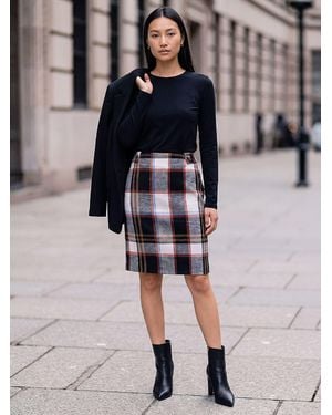 Roman Button Tab Brush Check Skirt - Black