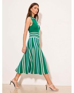 Lipsy Petite Collared Halter Buttoned Pleat Stripe Knit Midi Dress - Green