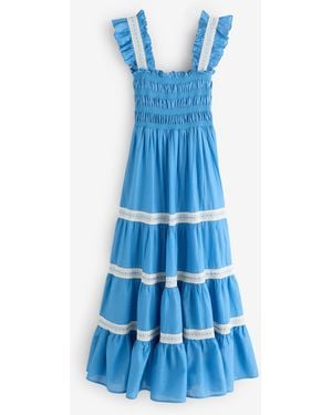 RIXO London Aubrie Ikat Tiered Trim Midi Dress - Blue
