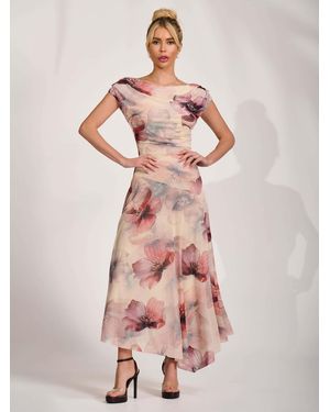 Jolie Moi Asymmetrical Draped Mesh Maxi Dress - Pink