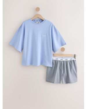 Self Check Slogan Pajamas Shorts Set - Blue