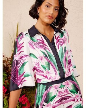 Love & Roses X V & A Placement Print Satin Button Down Shirt - White