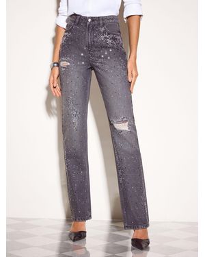 Friends Like These Embellished Ripped Stovepipe Straight Leg Denim Jeans - Gray