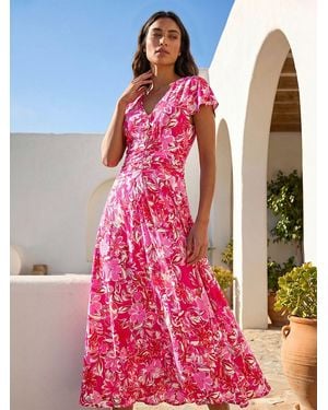 Roman Floral Ruched Waist Maxi Dress - Pink