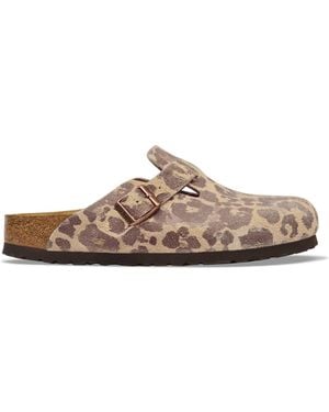 Birkenstock Leopard Print Boston Suede Footbed Clogs - Brown