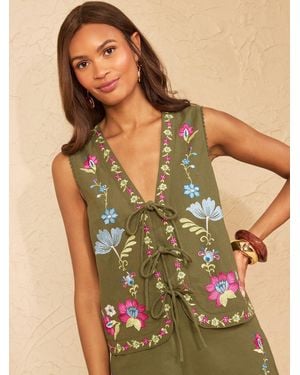 Love & Roses Floral Embroidered Tie Front Waistcoat - Green