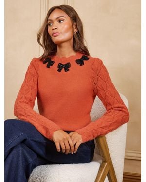 Love & Roses Love & Roses Beaded Bow Detail Scalloped Neck Knitted Sweater - Orange