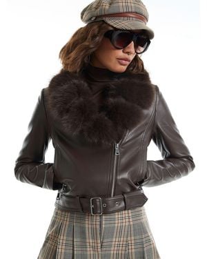 River Island Cropped Faux Fur Biker Jacket - Black