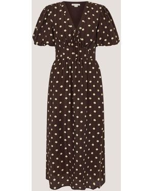 Monsoon Paris V-Neck Short Puff Sleeve Polka Dot Midi Dress - Brown