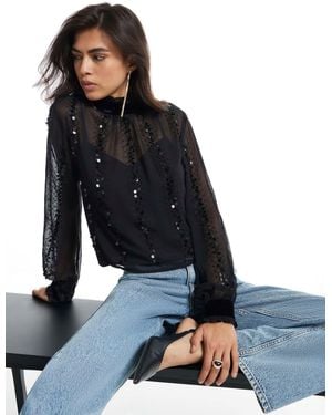 River Island Long Sleeve Sequin Tie-Back Top - Blue