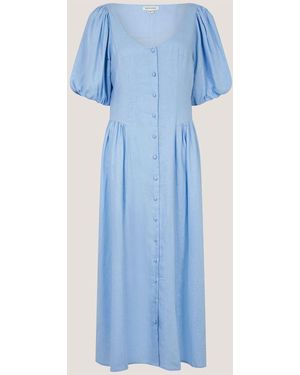 Monsoon Lottie Short Puff Sleeve Linen Blend Midi Dress - Blue