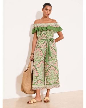 Lipsy Printed Frill Bardot Cotton Wide Leg Culotte Jumpsuit - Green