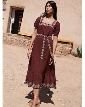 Love & Roses Embroidered Square Neck Belted Midi Dress - Natural