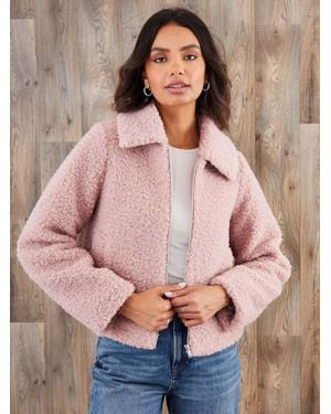 Threadbare Collared Zip-Up Borg Bomber Jacket - Pink