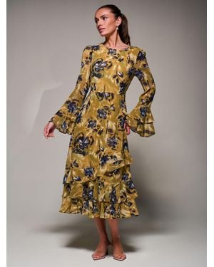 Jolie Moi Long Sleeve Frill Chiffon Midaxi Dress - Yellow