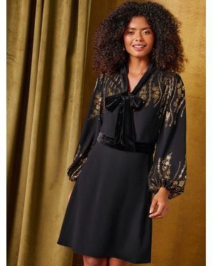 Love & Roses Petite Foil Detail Tie Neck Mini Dress - Brown