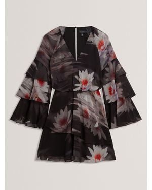 Ted Baker Bedrucktes Langarm-Minikleid Mit Rüschen - Schwarz
