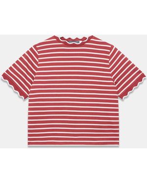 Mint Velvet Cotton Striped Scallop Trim T-Shirt - Red