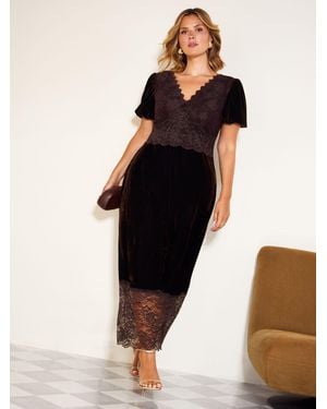 Friends Like These Chocolate Curve Lace Trim Velvet Midi Dress - Black
