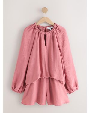Next Blush Plait Neck Balloon Sleeve Playsuit - Pink