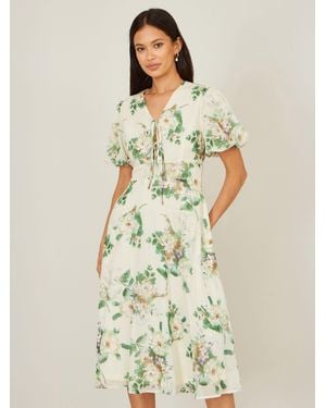 Yumi' Floral Tea Dress With Front Ties - Natural