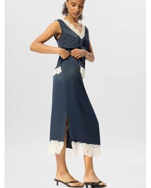 Whistles Lace Hem Satin Midi Skirt - Blue