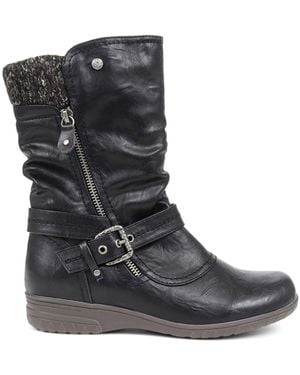 Pavers Knitted Cuff Buckle Slouch Mid-Calf Boots - Black