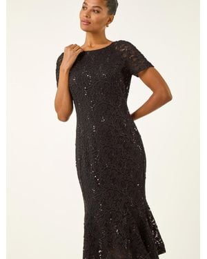 Roman Leaf Lace Sequin Midi Dress - Black