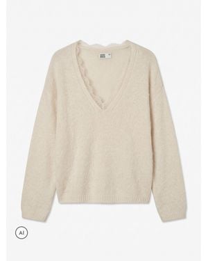 Vero Moda Long Sleeve Lace Trim V-Neck Sweater - White