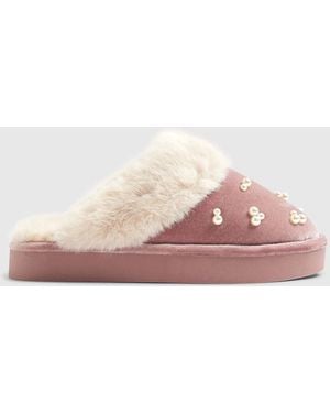 River Island Velvet Fur Trim Mule Slippers - Pink